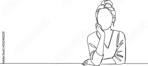 continuous single line drawing of thoughtful woman, hand on chin, line art vector illustration