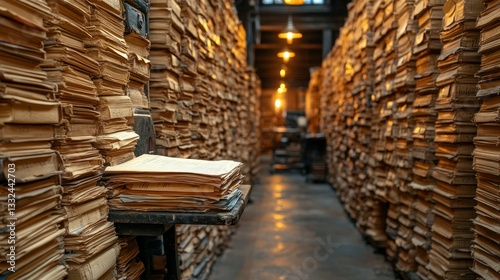 Ancient archive filled with stacked documents