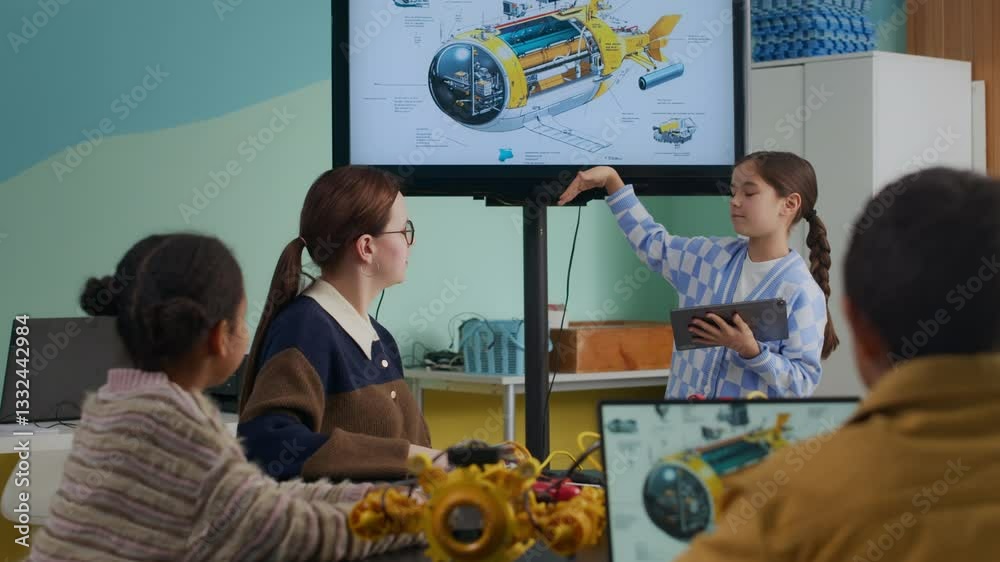 Asian girl holding digital tablet explaining structure of robot to young Caucasian female teacher and children sitting at table during STEM education lesson in modern well-equipped classroom