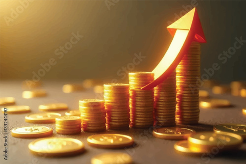 Investment and saving  and grow up of planning money concept. Placing gold coins with growing up with gold up arrow of financial developments and business growth up. stack, point up, dollar, target.