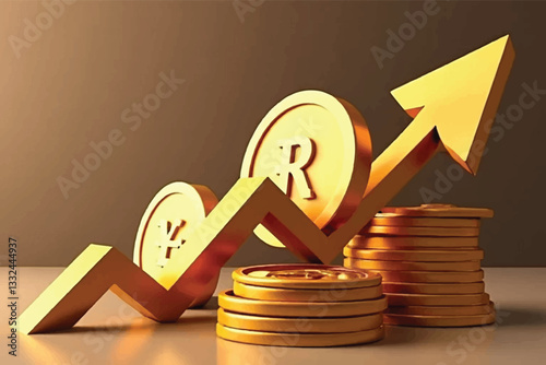 Investment and saving  and grow up of planning money concept. Placing gold coins with growing up with gold up arrow of financial developments and business growth up. stack, point up, dollar, target.
