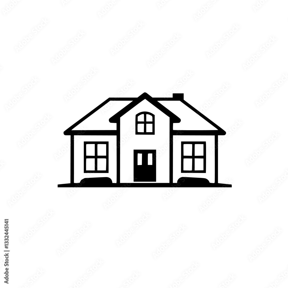 Simple, Minimalist Black and White Icon of a Classic House, Complete with Windows, Doors, Roof, and Chimney, Set Against a Plain White Background. Simple, Minimalist Black and White Icon of a Classic House, Complete with Windows, Doors, Roof, and Chimney, Set Against a Plain White Background.