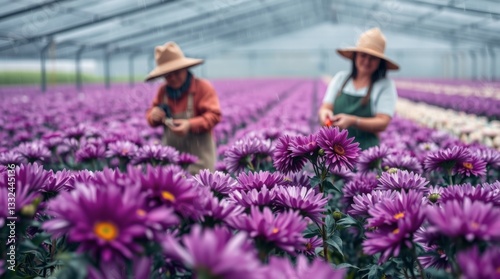 Picking Purple Flowers in Greenhouse Two Women Harvesting Blooms