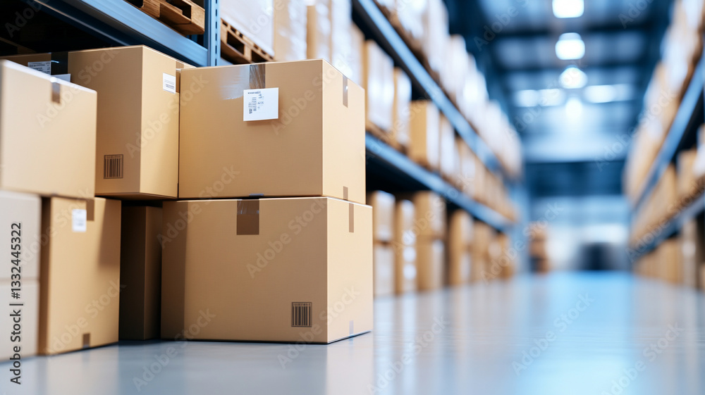 Large cardboard boxes stacked in sterile industrial warehouse aisle Large cardboard boxes stacked in sterile industrial warehouse aisle