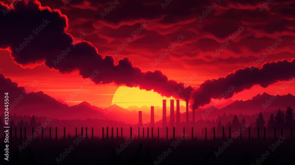 A striking sunset casts a red glow behind smokestacks, contrasting industrial elements with natural beauty. A striking sunset casts a red glow behind smokestacks, contrasting industrial elements with natural beauty.