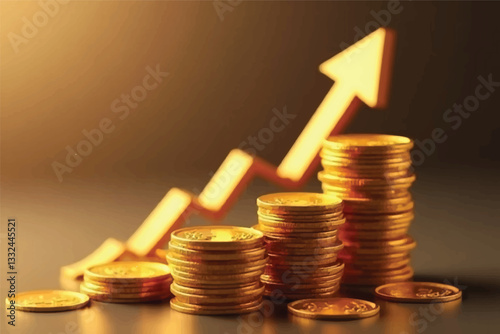 Investment and saving  and grow up of planning money concept. Placing gold coins with growing up with gold up arrow of financial developments and business growth up. stack, point up, dollar, target.