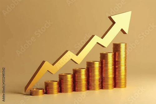 Investment and saving  and grow up of planning money concept. Placing gold coins with growing up with gold up arrow of financial developments and business growth up. stack, point up, dollar, target.