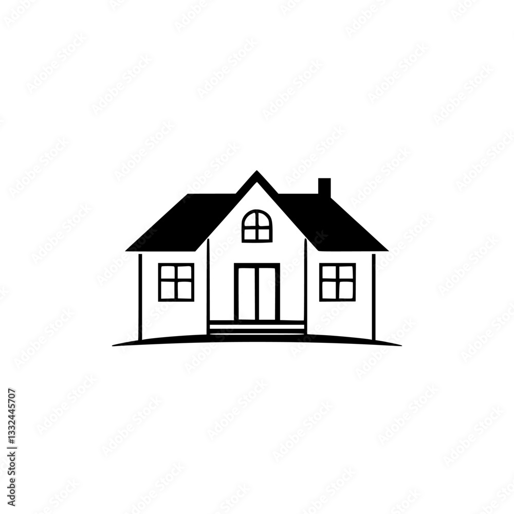 Fototapeta premium Simple Black and White Illustrated House, Front View, with Gable Roof, Chimney, Windows and Doors on a White Background.