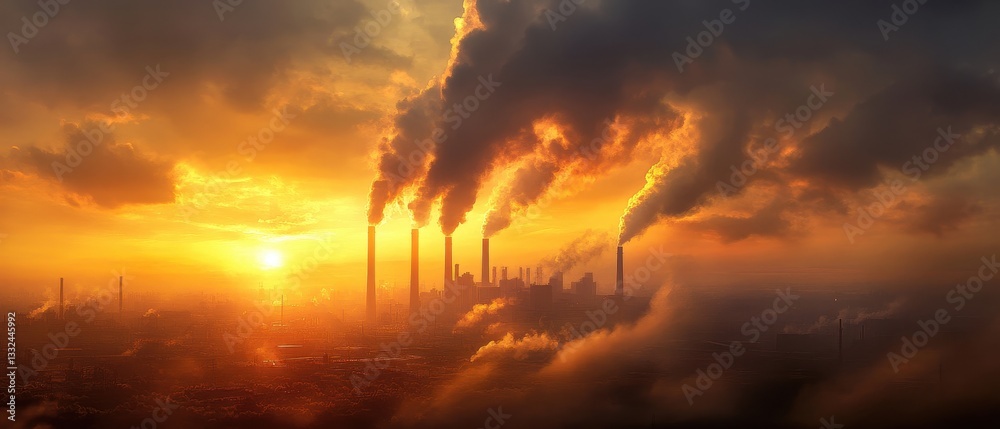 A dramatic sunset behind industrial smokestacks, with clouds of smoke rising into the sky, highlighting environmental concerns and pollution. A dramatic sunset behind industrial smokestacks, with clouds of smoke rising into the sky, highlighting environmental concerns and pollution.