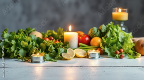 Vegetables and Fruits Arrangement with Burning Candles on Wooden Table