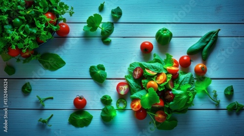 Fresh Salad Preparation with Tomatoes and Greens on Wooden Surface