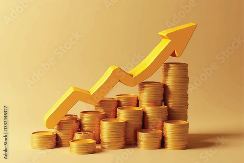 Investment and saving  and grow up of planning money concept. Placing gold coins with growing up with gold up arrow of financial developments and business growth up. stack, point up, dollar, target.