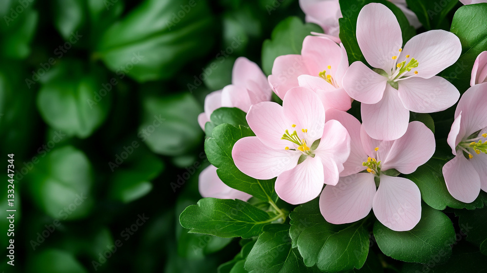 Fototapeta premium Delicate pink blossoms surrounded by lush green leaves create serene atmosphere