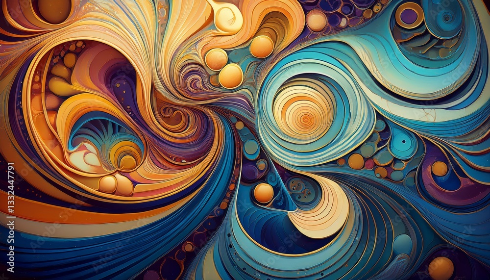 Fototapeta premium Geometric mosaic merging with fluid swirls, surreal and artistic composition