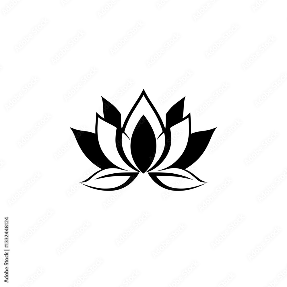 Symmetrical black and white stylized lotus blossom on a pristine white background, minimalist design. Symmetrical black and white stylized lotus blossom on a pristine white background, minimalist design.