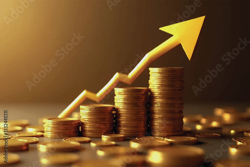 Investment and saving  and grow up of planning money concept. Placing gold coins with growing up with gold up arrow of financial developments and business growth up. stack, point up, dollar, target.