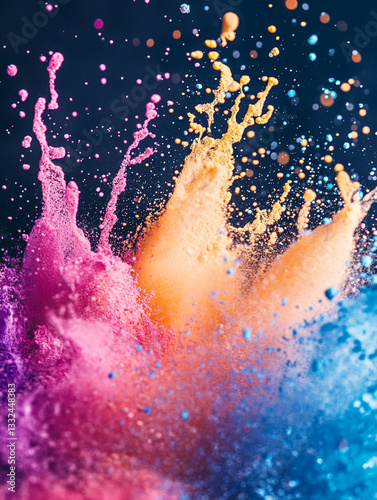 A close-up of colorful powder and water splashes mixing in the air, plain background --ar 3:4