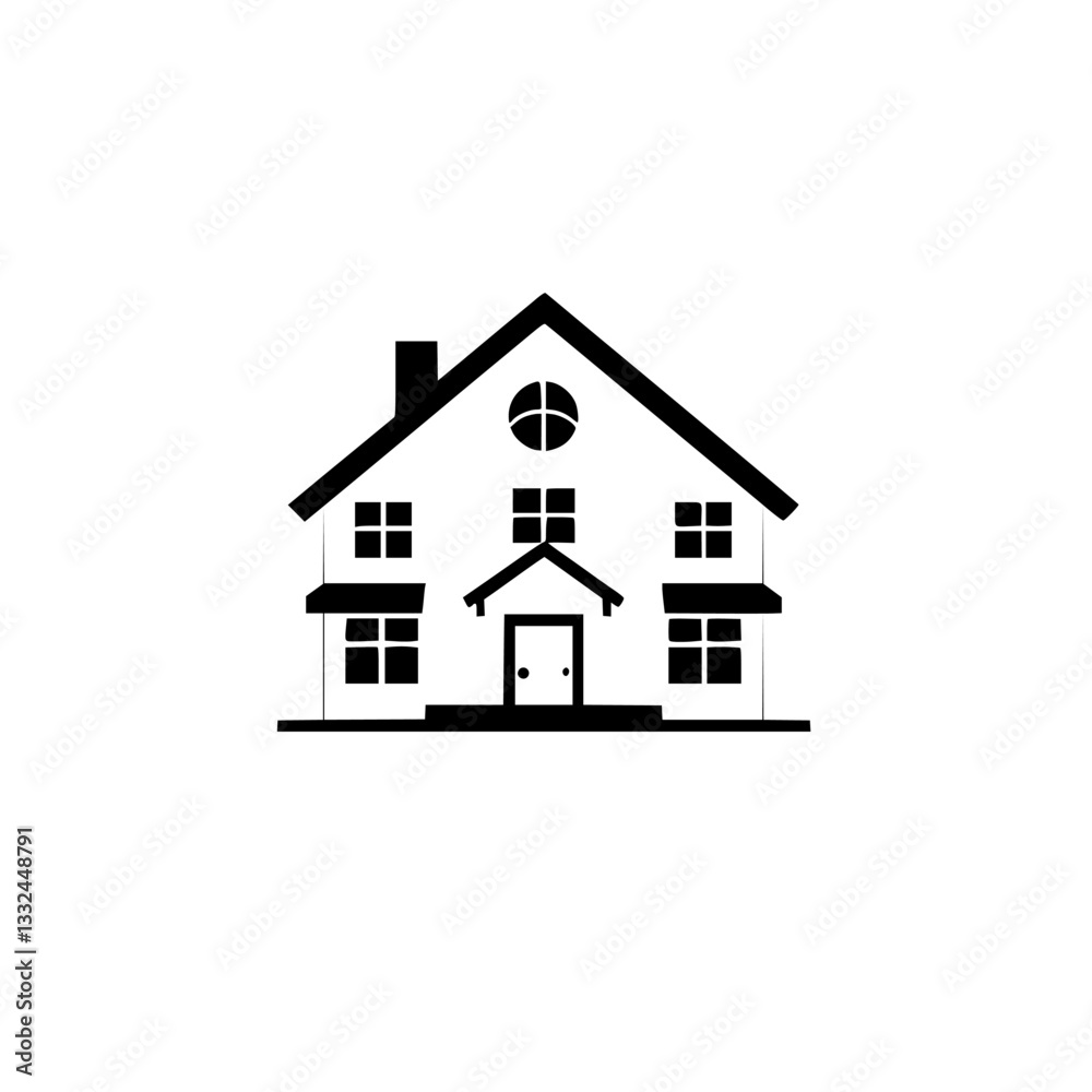 Simple Black and White Silhouette of a Classic American House with a Gable Roof, Windows, Door, and Chimney on a White Background. Simple Black and White Silhouette of a Classic American House with a Gable Roof, Windows, Door, and Chimney on a White Background.