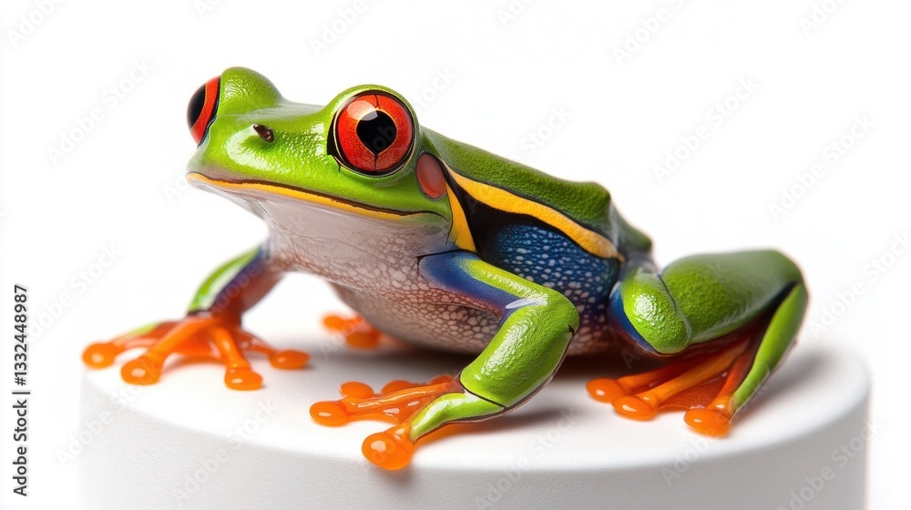 Obraz premium Vibrant frog perched on a white surface.