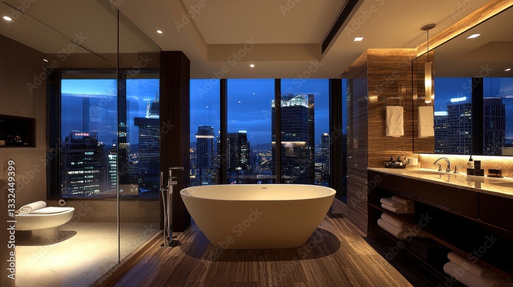 Fototapeta premium Luxury Cityscape Bathroom: Night View