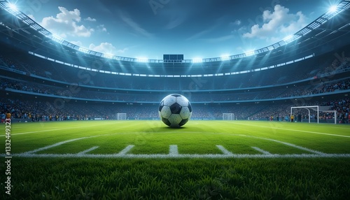 A Lone Soccer Ball Sits Center Field In A Massive Stadium Awaiting The Thrill Of The Game Under Bright Stadium Lights