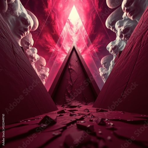 Mysterious Triangle Portal with Emerging Faces in Abstract Crimson Space