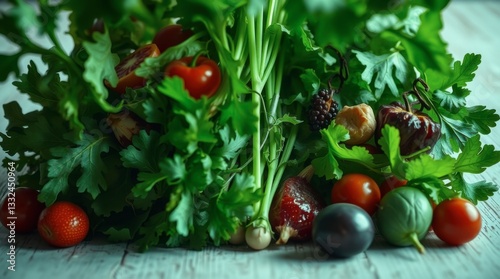 Fresh Herbs and Garden Vegetables Still Life on Rustic Wood Table