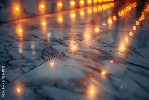 Warm lights reflect on a polished marble floor, creating a captivating ambiance. The subtle veining in the stone adds depth and texture.
