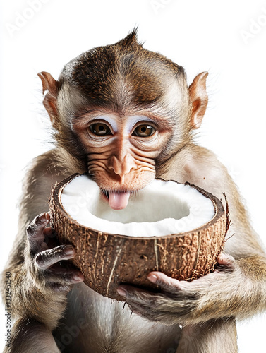 A monkey drinking from a coconut during Songkran, isolated on a white background --ar 3:4