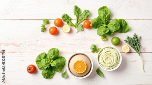 Fresh Ingredients Arrangement on White Wooden Table for Healthy Cooking