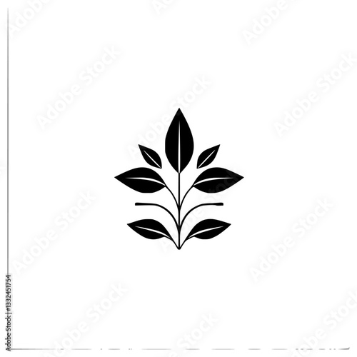 Minimalist black and white plant logo design, symmetrical leaves, clean lines, nature-inspired, on white background with border.