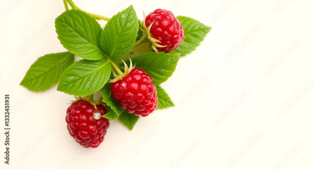 Bright Red Raspberries on Green Leaves Bright Red Raspberries on Green Leaves