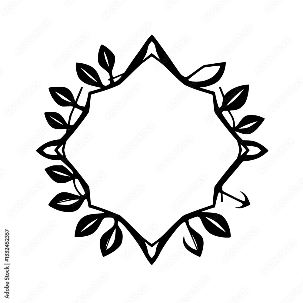 Fototapeta premium Geometric floral frame with leaves, symmetrical black line art on white, a decorative border element.