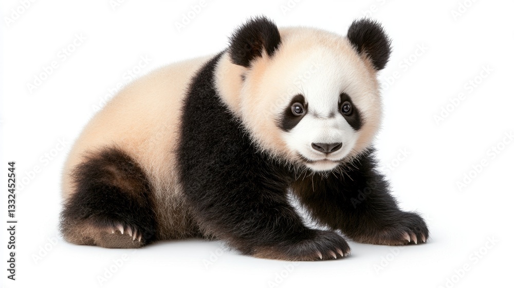 Naklejka premium Adorable panda cub sitting on white background.
