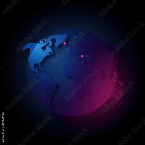 Stylized World Map with Blue and Pink Gradient on Black Background
