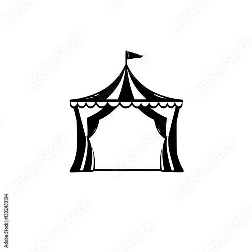 Simplified Black and White Circus Tent Illustration with Flag, Stripped Canopy, and Curtained Entrance on White Background.