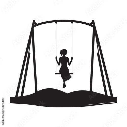 Minimalist woman swing on swings  silhouette on white background