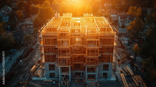 Aerial view of wood frame apartment building under construction at sunset