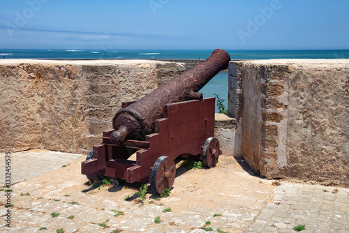 The old guns on the walls of the Portuguese fortress of El Jadida (Mazagan). Morocco, Africa.