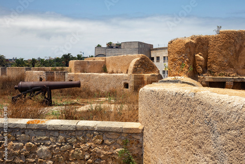 The old guns on the walls of the Portuguese fortress of El Jadida (Mazagan). Morocco, Africa.