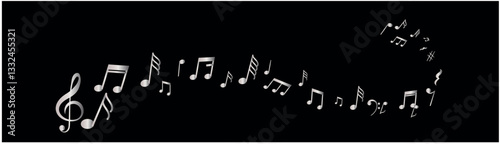 Music notes wave isolated, group musical notes black background