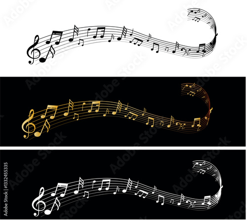 Music notes wave isolated, group musical notes background