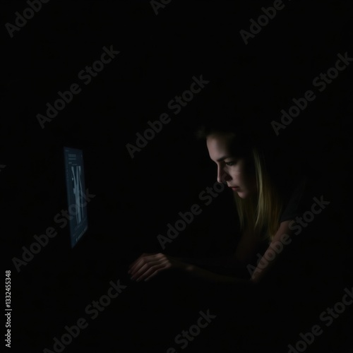 Woman Working at Computer in Dark Room, Focused on Screen
