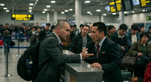 Frustrated business traveler arguing with airport staff at check-in