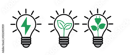 Light bulbs icons set  energy, Icons for renewable energy, green technology.  Vector illustration