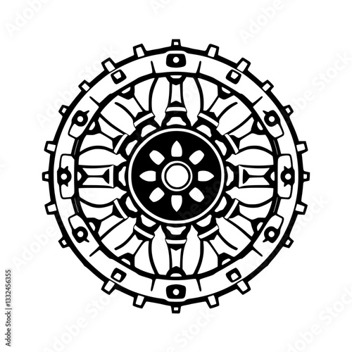 Intricate Black and White Mandala: Symbolic Wheel of Dharma with Detailed Geometry on a Plain Background.
