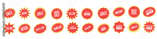 Set of red starbursts and promotional badges. red round price stickers, sunburst promo tags, and retro discount emblems.