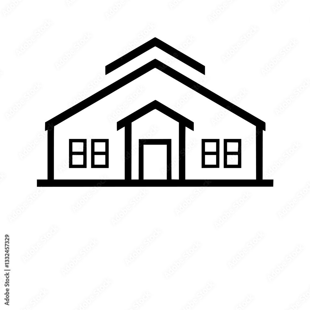 Minimalist Black and White House Illustration with Double Roof Lines, Door, and Rectangular Windows, Set Against a Plain Background. Minimalist Black and White House Illustration with Double Roof Lines, Door, and Rectangular Windows, Set Against a Plain Background.