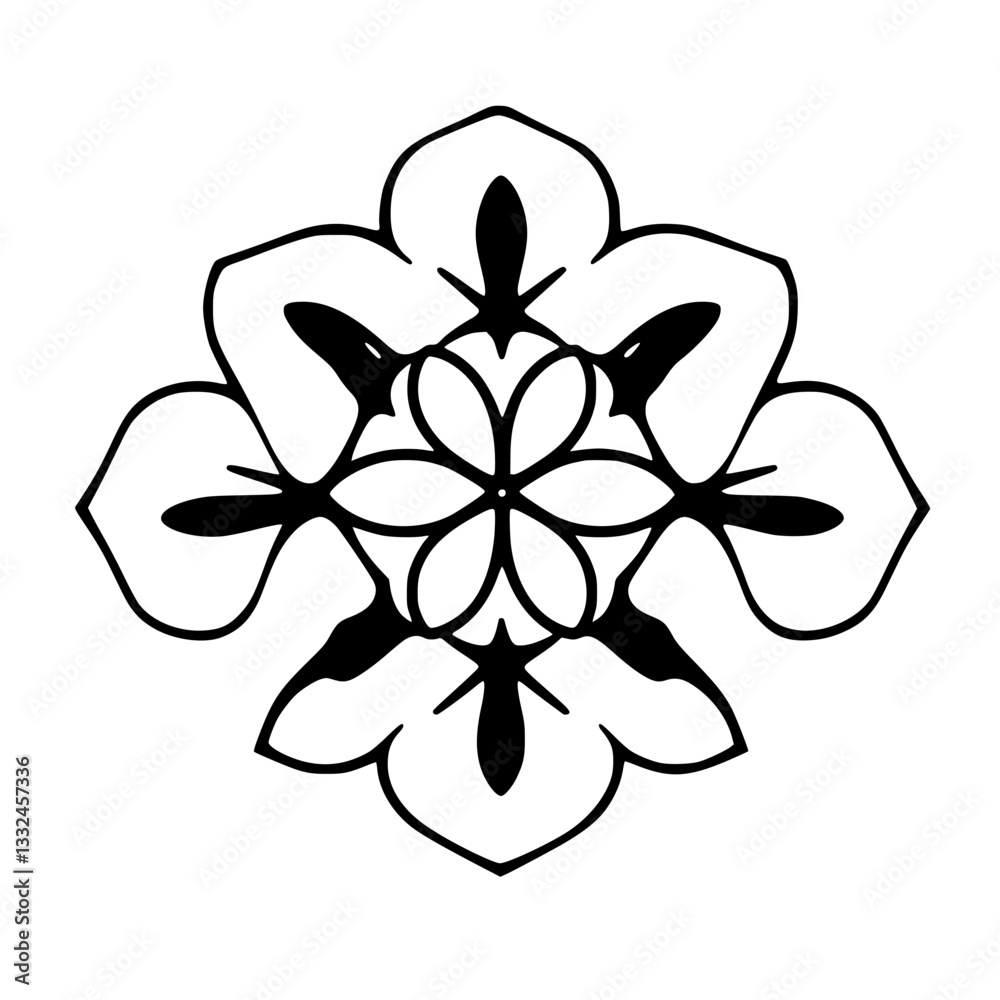 Symmetrical Black and White Floral Mandala: Bold, Abstract Illustration with Petal-like Shapes radiating from a Central Star Motif. Symmetrical Black and White Floral Mandala: Bold, Abstract Illustration with Petal-like Shapes radiating from a Central Star Motif.