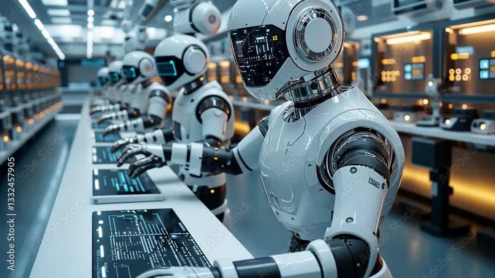 Advanced robotic assembly line in a high-tech facility showcasing automated production processes Advanced robotic assembly line in a high-tech facility showcasing automated production processes
